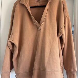 AERIE Sweater Tan Camel Light Brown Wonder Textured V-Neck Sweater Oversized S